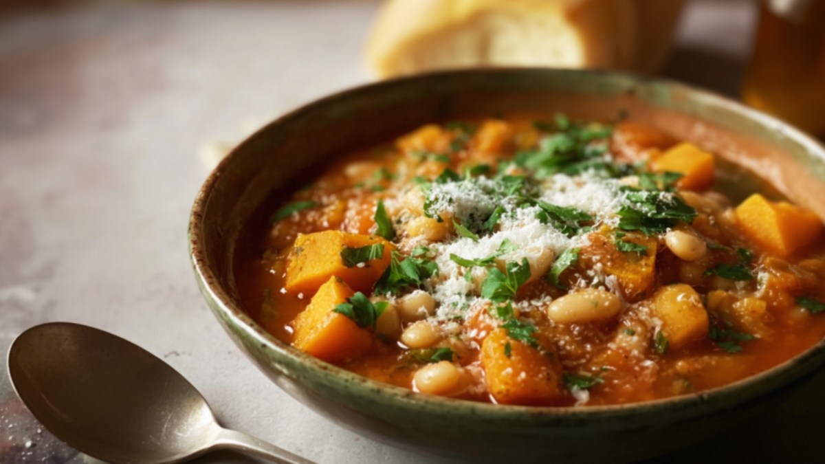Eine Schüssel Kürbis-Bohnen-Eintopf mit Parmesan.