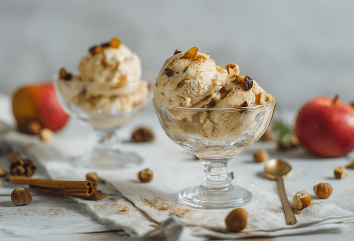 Zwei Schalen Bratapfel-Eis auf einem dekorierten Tisch. Das erste steht im Vordergrund, das zweite weiter im Hintergrund. Auf dem Tisch liegen Äpfel, Zimtstangen und Haselnüsse verteilt.