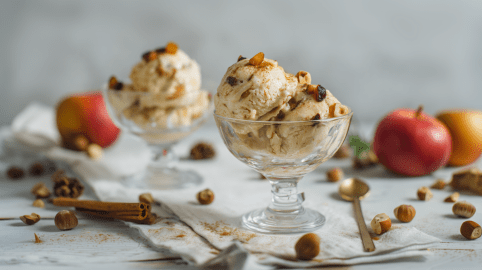 Zwei Schalen Bratapfel-Eis auf einem dekorierten Tisch. Das erste steht im Vordergrund, das zweite weiter im Hintergrund. Auf dem Tisch liegen Äpfel, Zimtstangen und Haselnüsse verteilt.