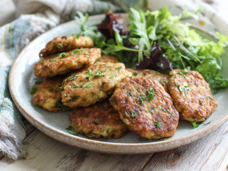 Bratlinge aus altem Brot auf einem grauen Teller. Hinten auf dem Teller liegt ein wenig Salat.
