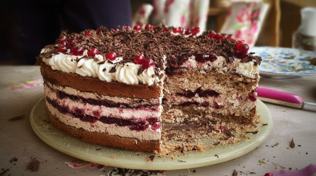 Buchweizentorte aus der Lüneburger Heide, angeschnitten auf einer Platte.