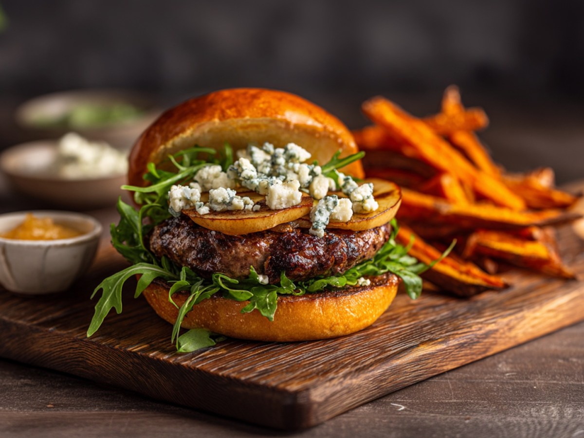 Ein Holzbrett, auf dem ein Blauschimmelkäse mit karamellisierten Äpfeln liegt. Im Hintergrund kann man eine Portion Süßkartoffel-Pommes liegen sehen. Auch Schalen mit Soßen sind zu erkennen.