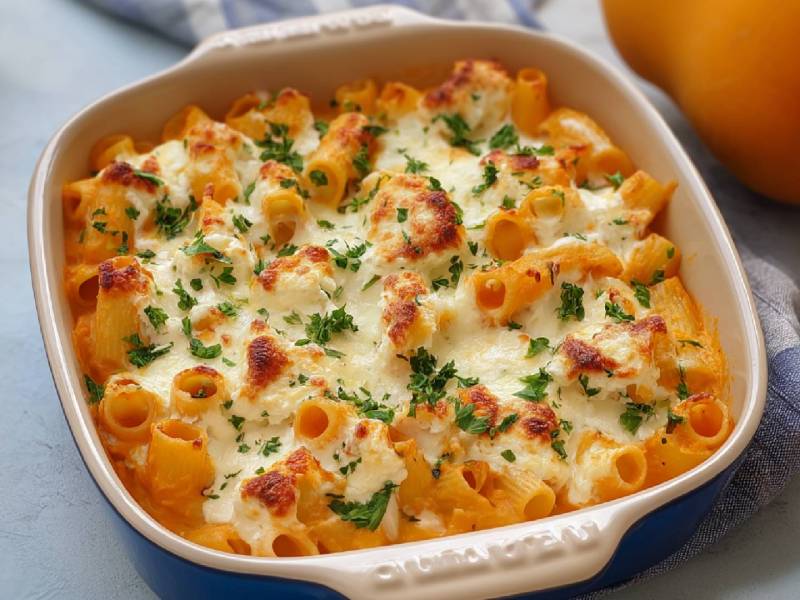 Auflaufform mit Butternut-Nudelauflauf mit Ricotta