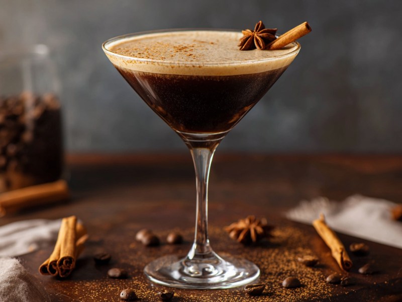 Ein Martini-Glas mit einem Chai Espresso Martini. Das Ganze ist mit einer Zimtstange und Sternanis garniert. Ringsum liegen Zimtstangen und Kaffeebohnen verteilt. Im Hintergrund steht ein Glasgefäß mit Kaffeebohnen.