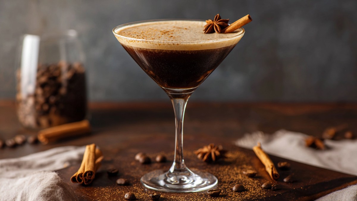 Ein Martini-Glas mit einem Chai Espresso Martini. Das Ganze ist mit einer Zimtstange und Sternanis garniert. Ringsum liegen Zimtstangen und Kaffeebohnen verteilt. Im Hintergrund steht ein Glasgefäß mit Kaffeebohnen.