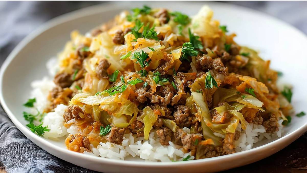Teller mit Chinakohl-Hackfleisch-Pfanne mit Reis