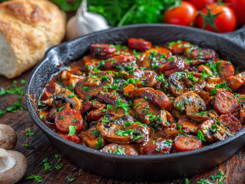 Eine Pfanne voller Chorizo-Champignons. Sie sind mit frischen Kräutern garniert. Um die Pfanne herum liegen verschiedene Zutaten, wie Pilze, Knoblauch, Tomaten, Kräuter und Brot verteilt.