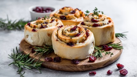 Ein Holzbrett mit Cranberry-Frischkäse-Schnecken. Im Hintergrund steht eine Schale mit getrockneten Cranberrys.
