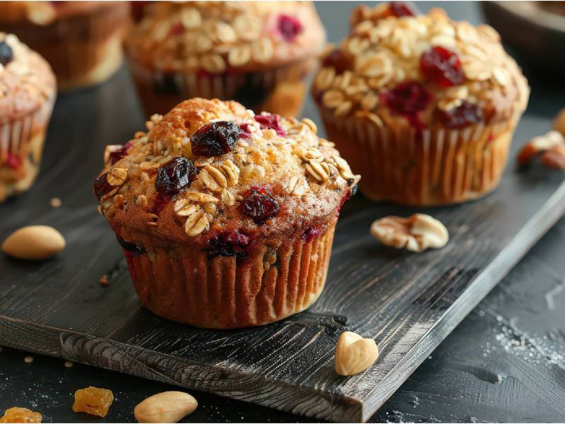 Mehrere Cranberry-Haferflocken-Muffins auf einem Backblech