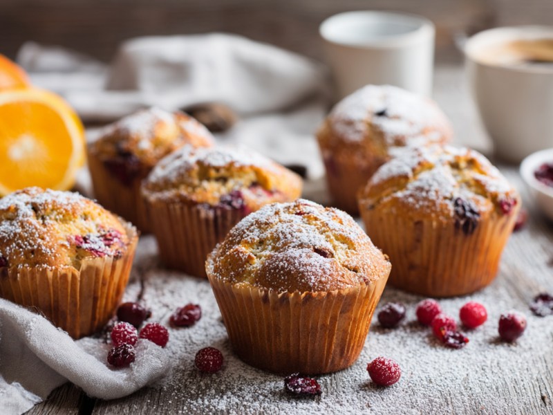 Einige Cranberry-Orangen-Muffins, die auf einem Holztisch platziert sind. Sie sind mit Puderzucker bestäubt. Um sie herum liegen frische und getrocknete Cranberrys. Im Hintergrund sind außerdem eine Tasse Kaffee und halbe sowie ganze Orangen zu sehen.