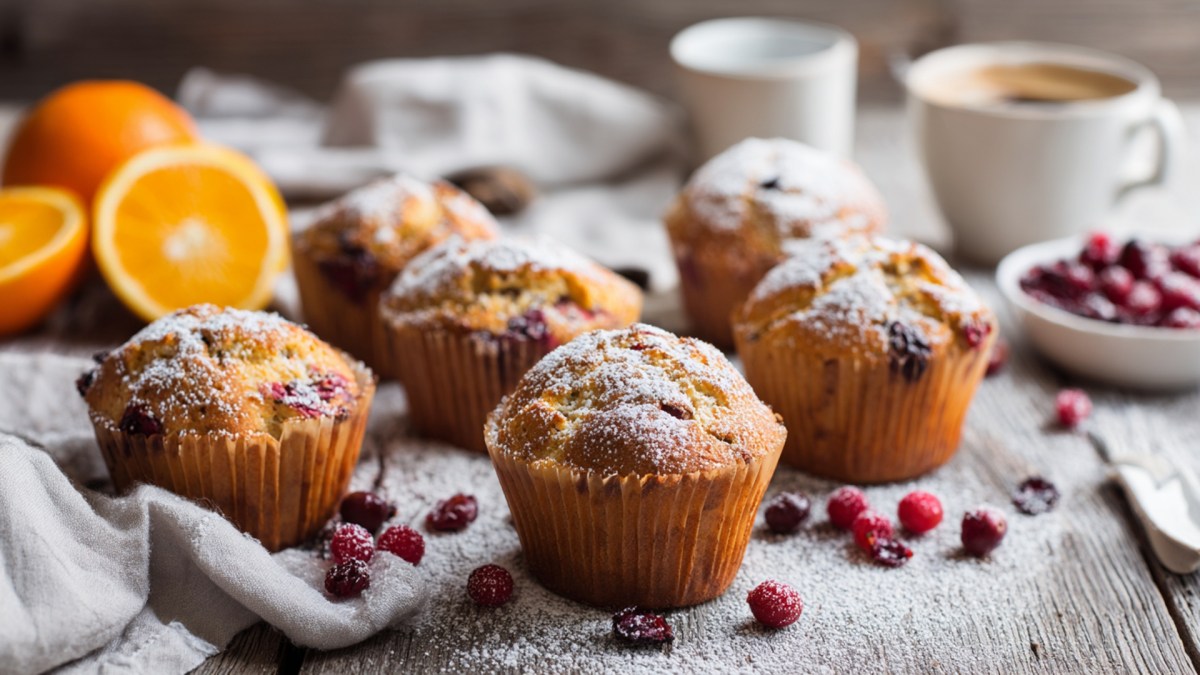 Einige Cranberry-Orangen-Muffins, die auf einem Holztisch platziert sind. Sie sind mit Puderzucker bestäubt. Um sie herum liegen frische und getrocknete Cranberrys. Im Hintergrund sind außerdem eine Tasse Kaffee und halbe sowie ganze Orangen zu sehen.