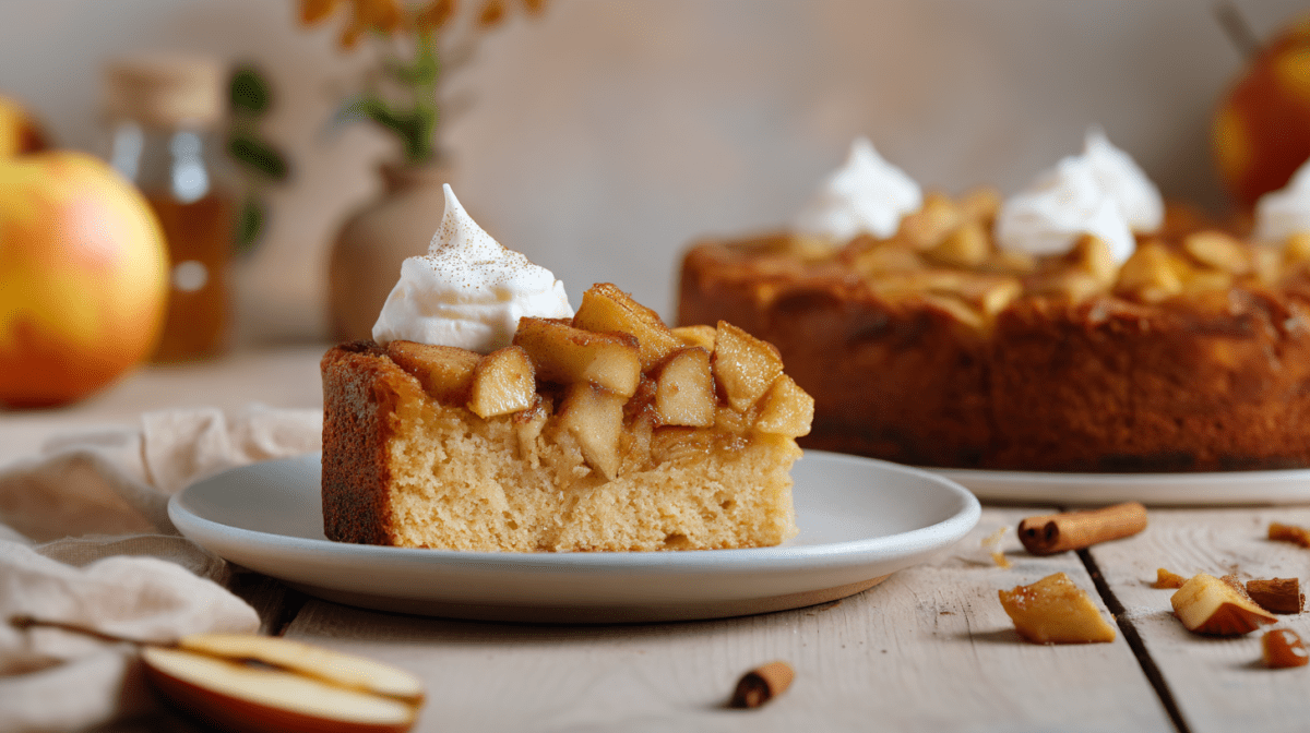 Ein Stück dänischer Apfelkuchen auf einem grauen Teller. Im Hintergrund steht der restliche Kuchen. Das Kuchenstück ist mit Sahne garniert. Darum verteilt liegen einige Apfel- und Zimtstücke. Hinten links sieht man einen Apfel, ein Honigglas und eine Blume in einer Vase.