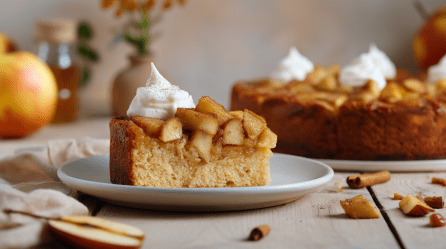 Ein Stück dänischer Apfelkuchen auf einem grauen Teller. Im Hintergrund steht der restliche Kuchen. Das Kuchenstück ist mit Sahne garniert. Darum verteilt liegen einige Apfel- und Zimtstücke. Hinten links sieht man einen Apfel, ein Honigglas und eine Blume in einer Vase.