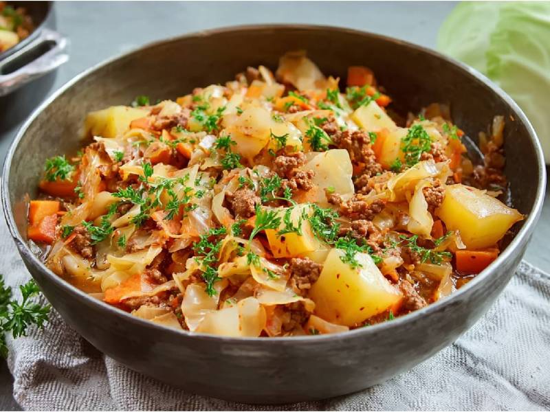 Schale mit Dithmarscher Kohlpfanne, Kohlkopf im Hintergrund