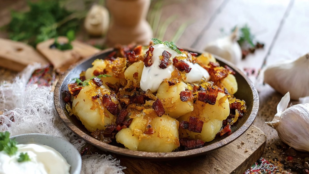 Ein Teller mit Dödölle, die mit knusprigen Speckwürfel und Röstzwiebeln sowie einem Klecks saure Sahne serviert werden. Ringsum kann man Knoblauchknollen, eine Schale mit saurer Sahne, frische Kräuter und Küchenutensilien aus Holz erkennen.