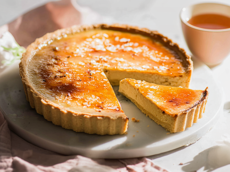 Eine Earl Grey Crème Brûlée Tarte, serviert auf einer Platte. Ein Stück ist angeschnitten. Daneben steht ein Becher Tee. Eine rosa Stoffserviette liegt daneben.