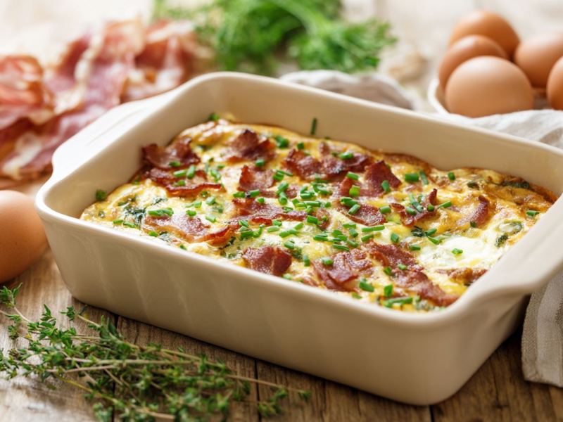 Eine Auflaufform mit Ei-Bacon-Schnitten, daneben rohe Eier und Kräuter.