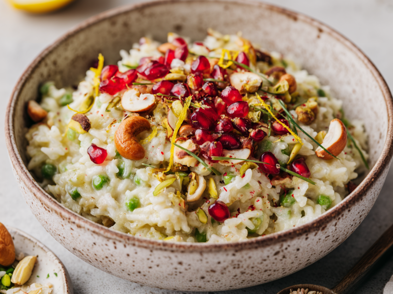 Eine Schale Erbsen-Kokos-Reis auf einem hellen Tisch.