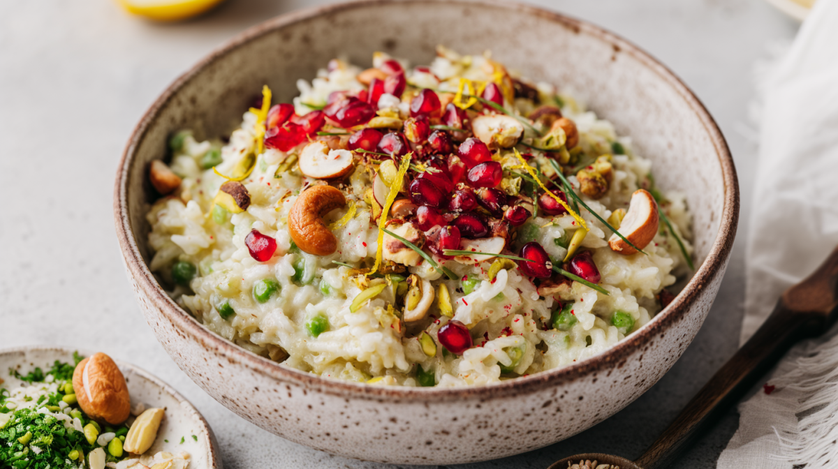 Eine Schale Erbsen-Kokos-Reis auf einem hellen Tisch.