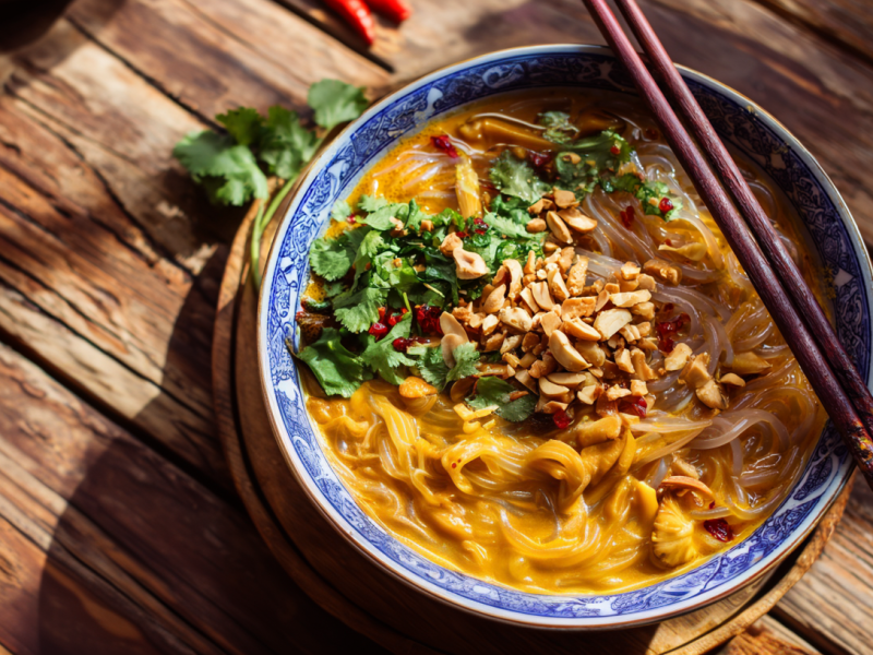 Ein Teller mit Erdnuss-Nudelsuppe mit Austernpilzen auf einem rustikalen Untergrund. Auf dem Teller liegen Essstäbchen.
