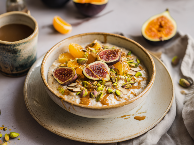 Feigen-Orangen-Porridge in einer Schüssel, auf einem Unterteller. Oben links im Bild steht eine Tasse. Rechts daneben liegt ein Orangenstück. Weiter rechts daneben liegt eine Feige. Unten links im Bild liegt eine weitere Feige mit einigen Pistazienstücken.