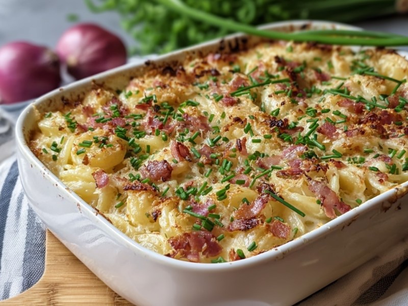 Flammkuchen-Pasta aus dem Ofen in einer weißen Auflaufform.