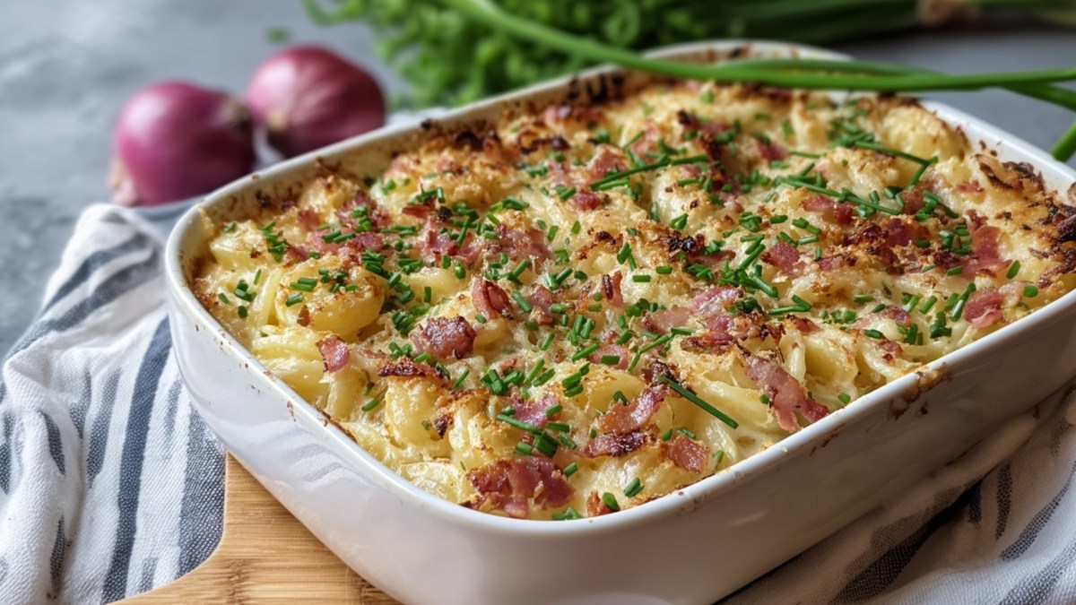 Flammkuchen-Pasta aus dem Ofen in einer weißen Auflaufform.