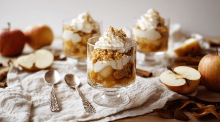 Drei Gläser mit Gammeldags Æblekage auf einem gemütlichen Tisch. Sie stehen auf einem großen Tuch. Im Vordergrund sieht man zwei Löffel neben dem Glas liegen. Überall auf dem Tisch liegen Äpfel verteilt.