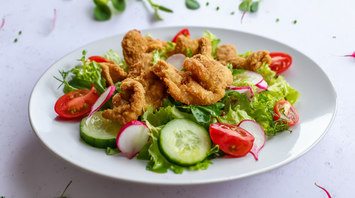 Ein Teller mit gebackenen Austernpilzen auf einem knackig-frischem Salat auf einem weißen Teller.