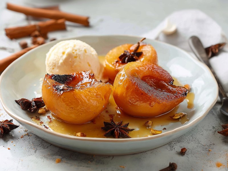 Ein Teller mit gebackenen Gewürz-Quitten mit einer Kugel Vanilleeis. Ringsum liegen Zimtstangen, Sternanis und Nelken herum. Ein Löffel ist zu sehen.