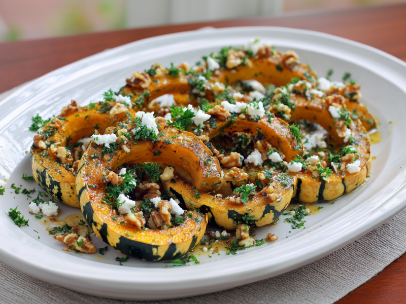 Ein Teller mit geröstetem Sweet Dumpling Kürbis. Er steht auf einer Unterlage auf einem Holztisch.