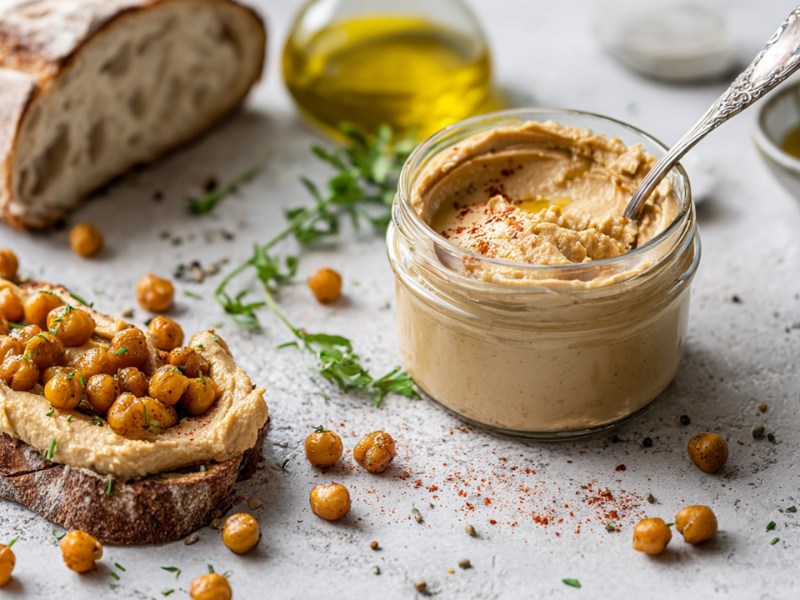 Ein Glas mit gerösteter Kichererbsenbutter, in dem ein Löffel steckt. Daneben liegt eine Scheibe Sauerteigbrot mit gerösteter Kichererbsenbutter und gerösteten Kichererbsen. Im Hintergrund ist ein halber Laib Brot zu sehen. Es kullern Kichererbsen durch die Gegend. Auch ein Gefäß mit Olivenöl, frische Kräuter sind zu sehen.