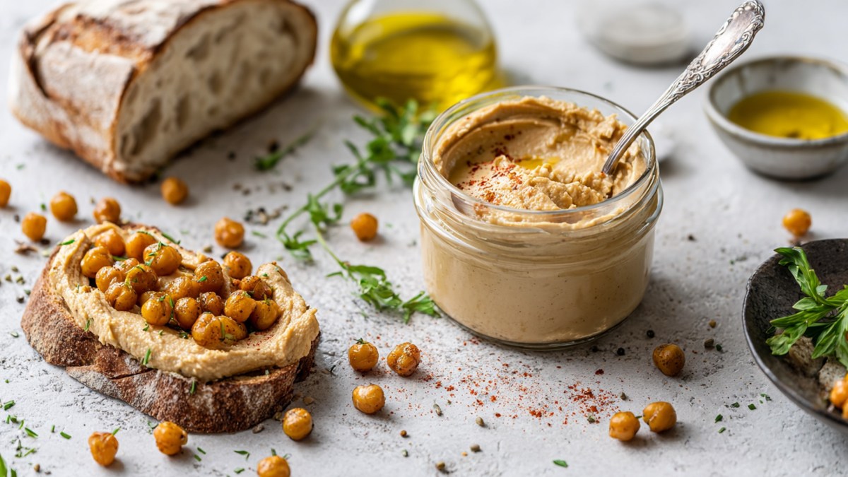 Ein Glas mit gerösteter Kichererbsenbutter, in dem ein Löffel steckt. Daneben liegt eine Scheibe Sauerteigbrot mit gerösteter Kichererbsenbutter und gerösteten Kichererbsen. Im Hintergrund ist ein halber Laib Brot zu sehen. Es kullern Kichererbsen durch die Gegend. Auch ein Gefäß mit Olivenöl, frische Kräuter sind zu sehen.