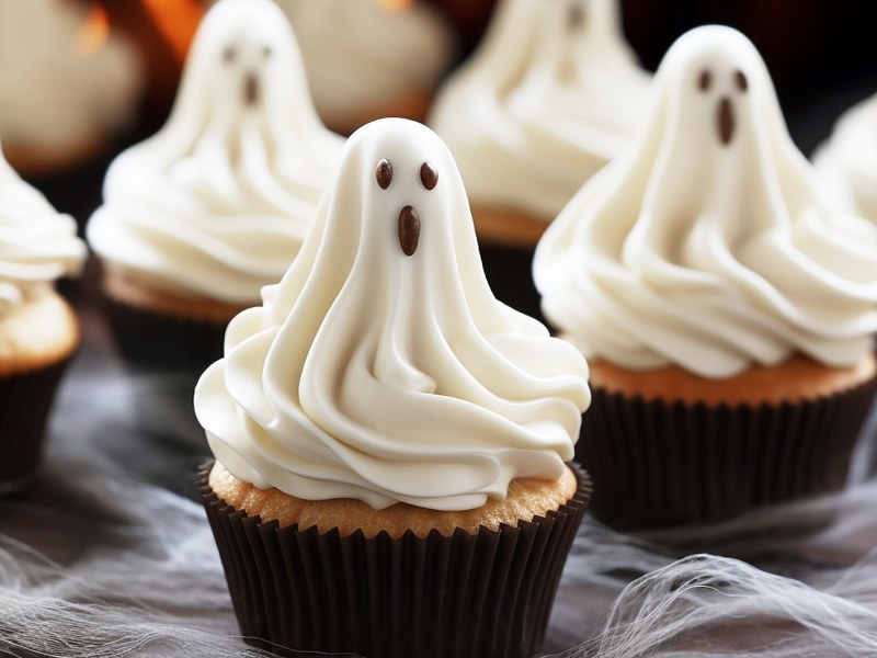 Gespenster-Cupcakes auf einer grauen Unterlage.