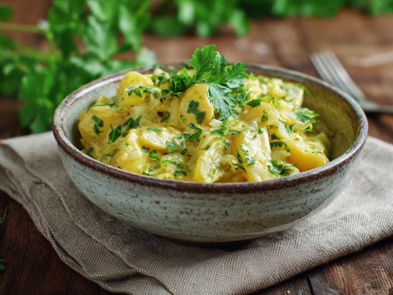Gestovte Kartoffeln in einer grauen Schale auf einem grauen Leinentuch. Darunter befindet sich ein rustikaler Holztisch. Links im Bild liegt eine Kartoffel. Im Hintergrund sieht man einige frische Kräuter liegen. Rechts hinter der Schale liegt eine Gabel.