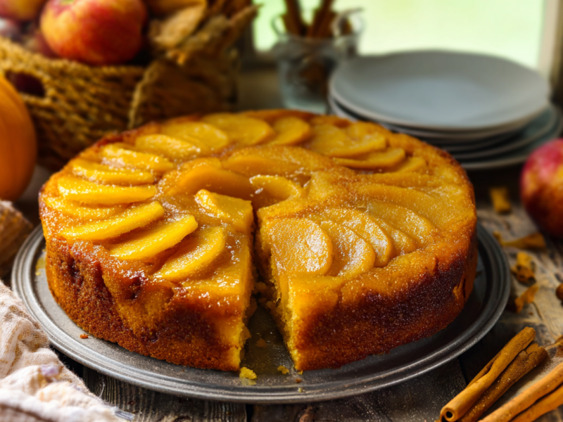 Ein gestürzter Apfel-Kürbis-Kuchen auf einem Teller. Als Dekoration liegen Zimstangen, Äpfel, eine Kürbis sowie eine Stofftischdecke um den Kuchen herum.