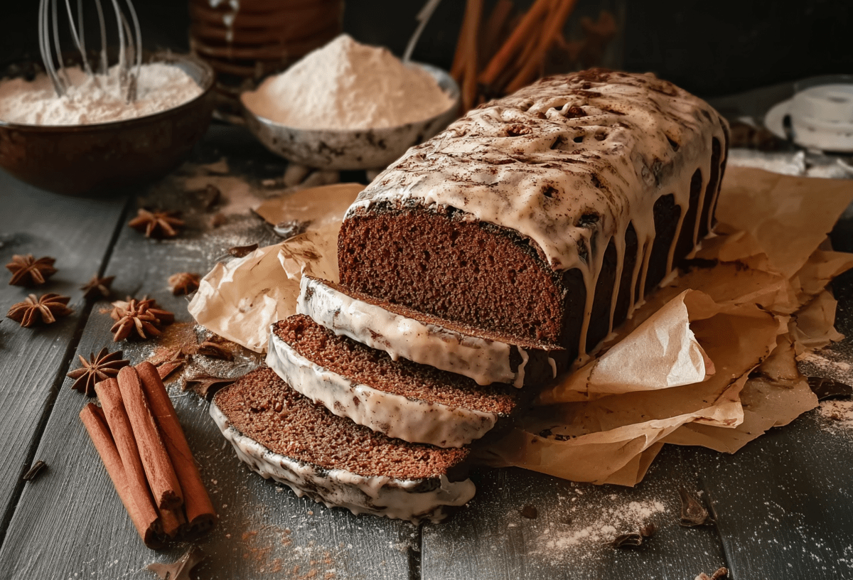 Ein aufgeschnittener Gewürzkuchen mit Zimtglasur. Außen herum liegen Gewürze wie Zimtstangen.