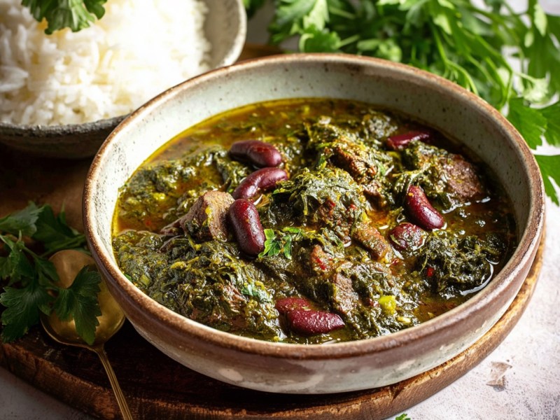 Eine Schüssel mit Ghormeh Sabzi. Dahinter eine Schüssel mit Reis. Auch frischer Koriander ist zu sehen.