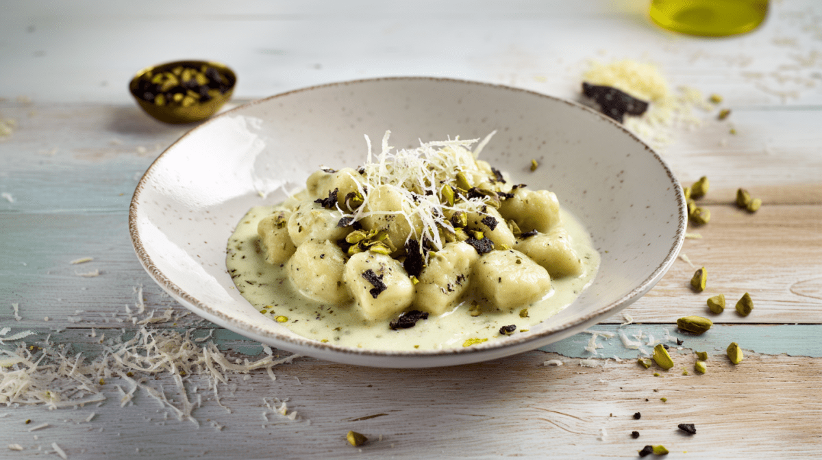Gnocchi mit Pistaziencreme auf einem grauen Teller. Vorne links vor dem Teller liegt frisch geriebener Parmesan. Hinten links ein Schälchen mit Gewürzen. Rechts vom Teller liegen gehackte Pistazien.