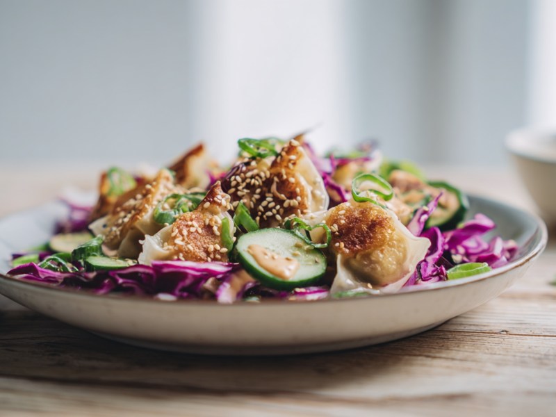 Ein Teller mit Gyoza-Salat, der auf einem Holztisch steht. Im Hintergrund kann man ein Schale mit Dressing erahnen.