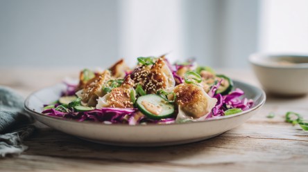 Ein Teller mit Gyoza-Salat, der auf einem Holztisch steht. Im Hintergrund kann man ein Schale mit Dressing erahnen.