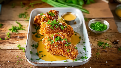 Ein Tablett mit Hähnchen mit Brezelkruste und Honig-Senf-Soße, daneben steht ein Schälchen mit Petersilie.