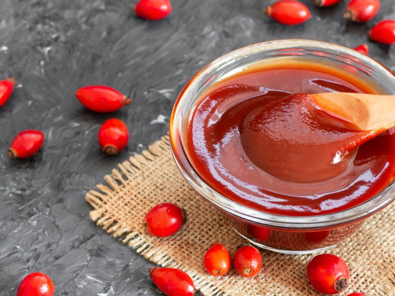 Eine kleine Schüssel Hagenbuttenmus mit einem Holzlöffel darin. Drumherum liegen Hagebutten.