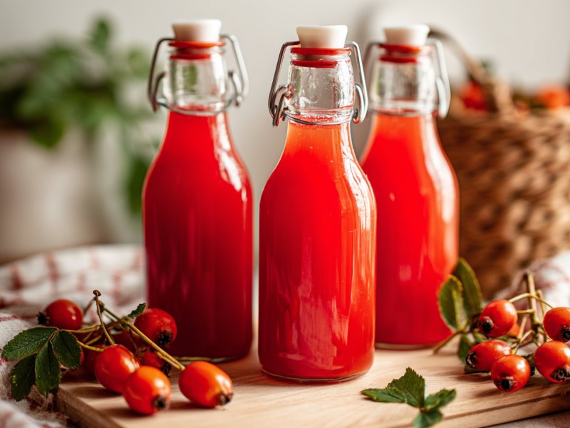 Drei Flaschen Hagebuttensaft, drum herum liegen Hagebutten.