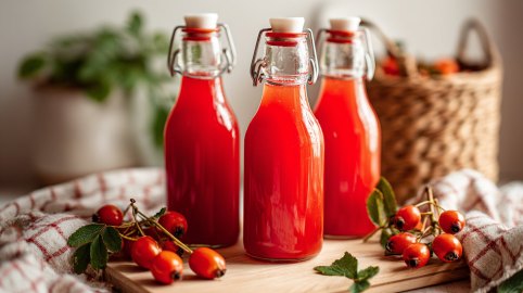 Drei Flaschen Hagebuttensaft, drum herum liegen Hagebutten.