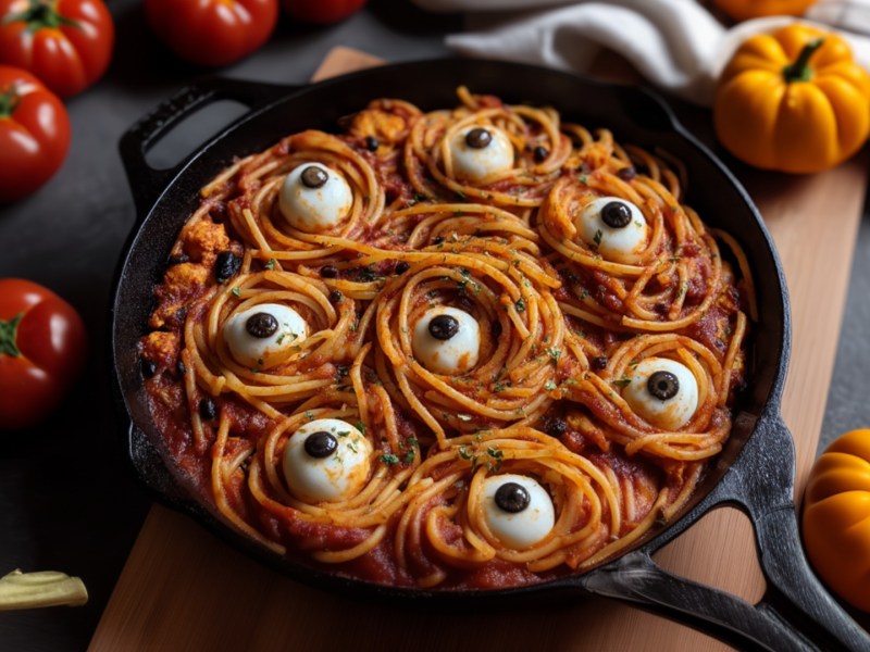 Eine Pfanne Halloween-Pasta mit Augen aus Mozzarella und schwarzen Oliven.