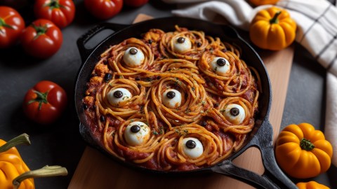 Eine Pfanne Halloween-Pasta mit Augen aus Mozzarella und schwarzen Oliven.