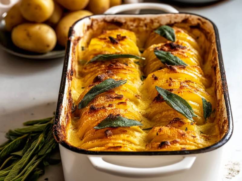 Auflaufform mit Hasselback-Kartoffel-Gratin