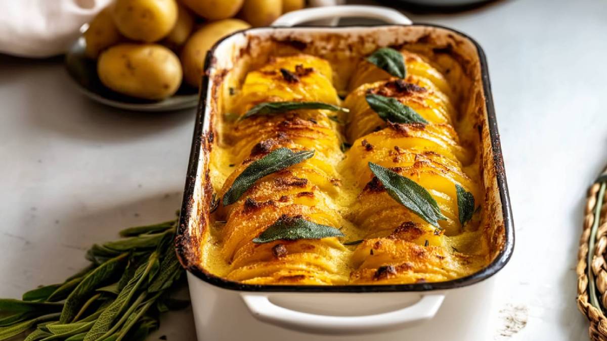 Auflaufform mit Hasselback-Kartoffel-Gratin