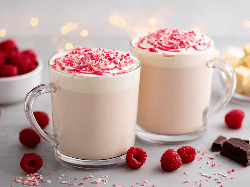 Zwei Gläser heiße weiße Schokolade mit Himbeeren. Frische Himbeeren und Schokolade liegen als Deko außen herum.